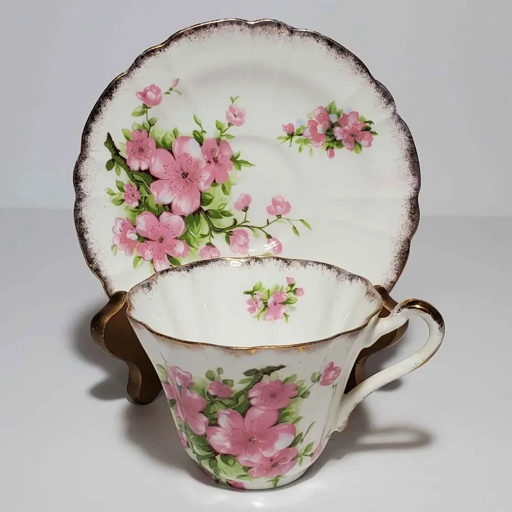 Gladstone Teacup and Saucer Pink Flowers Vintage